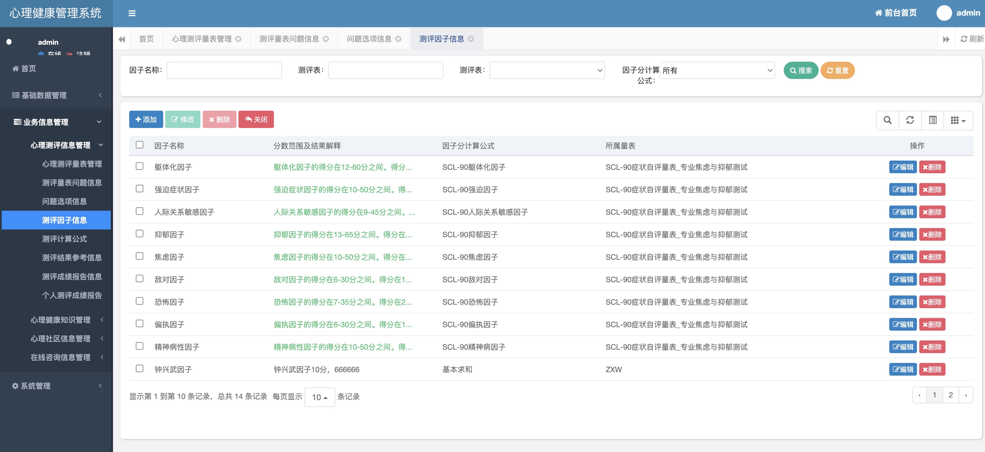 测评因子信息