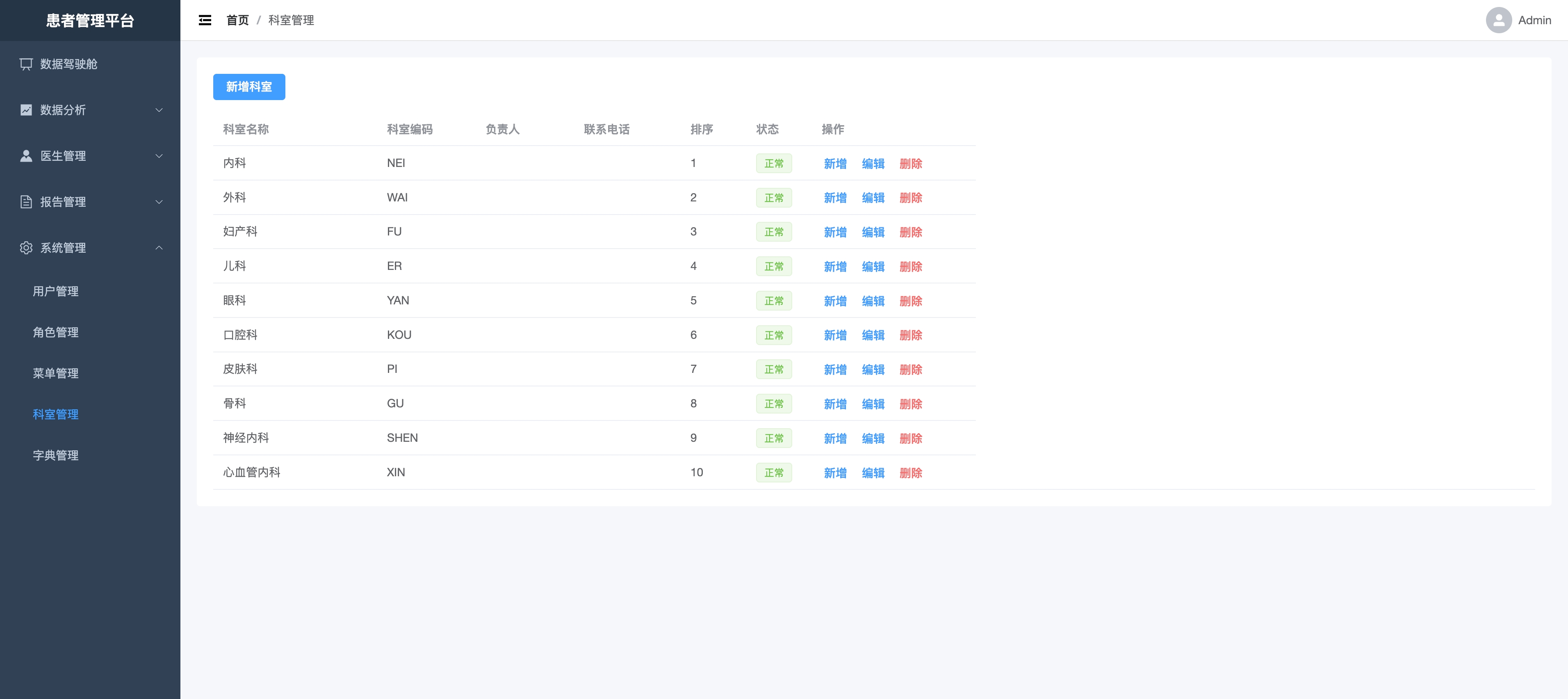 管理端科室管理页面